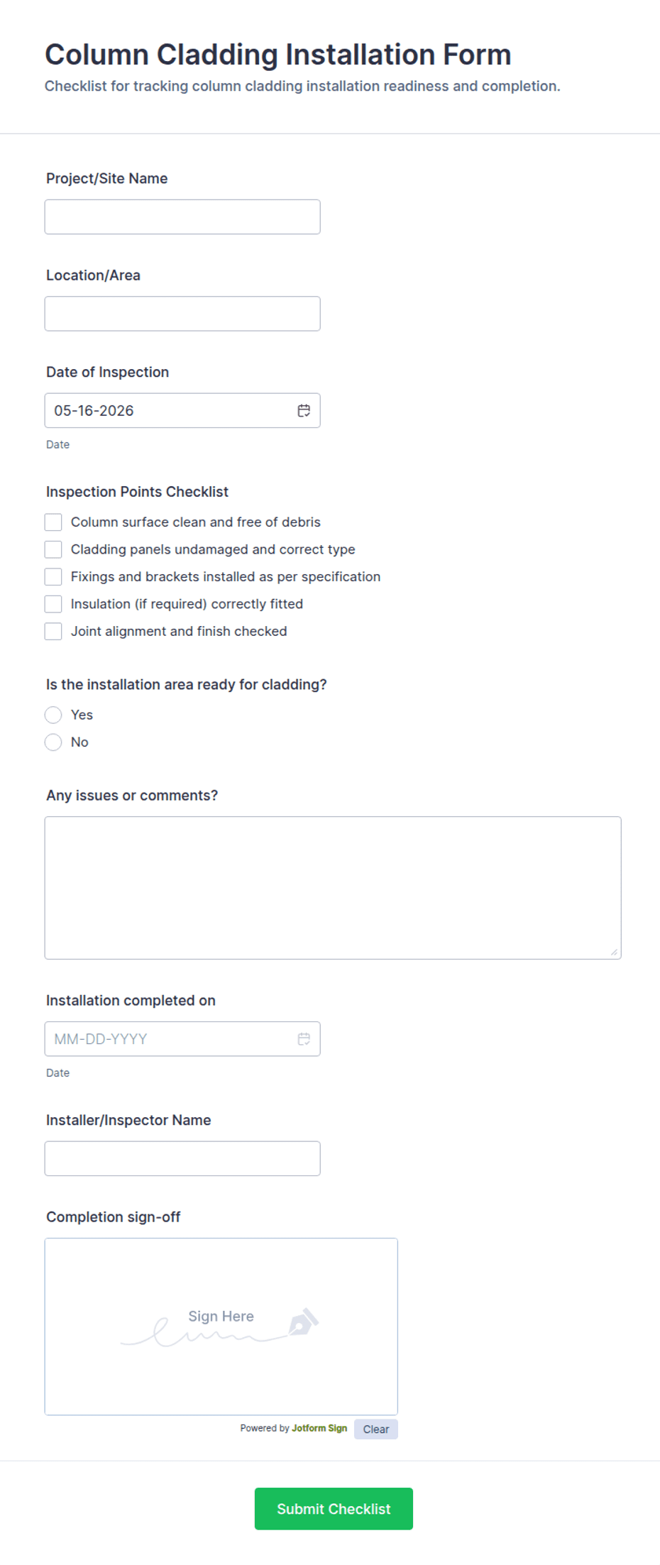 Checklist Cladding Installation Column Cladding Installation Checklist Form Template | Jotform
