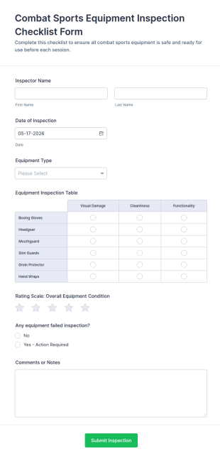 Combat Sports Equipment Inspection Checklist Form Template