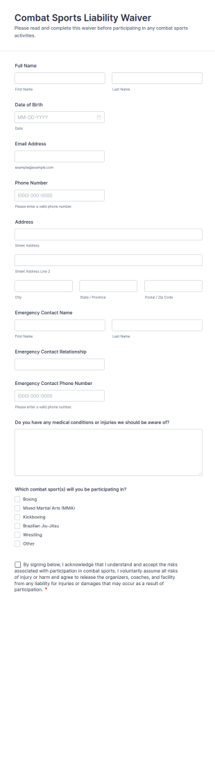 Combat Sports Liability Waiver Form Template