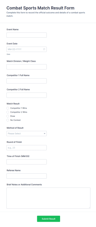 Combat Sports Match Result Form Template