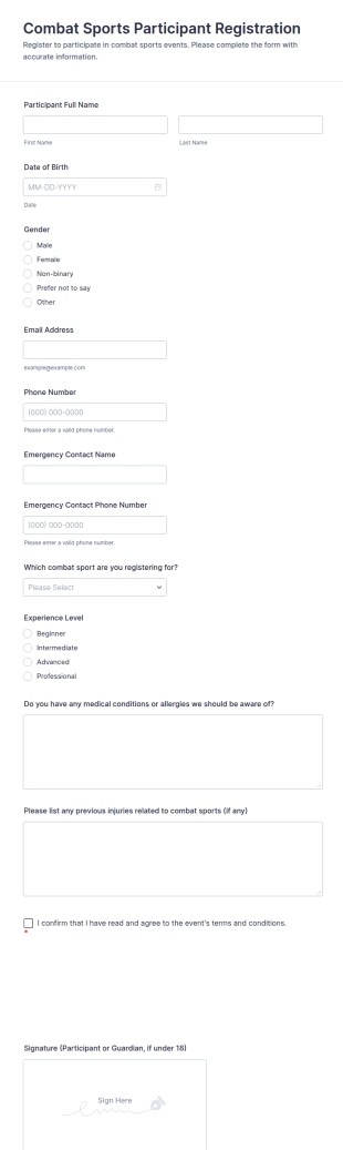 Combat Sports Participant Registration Form Template