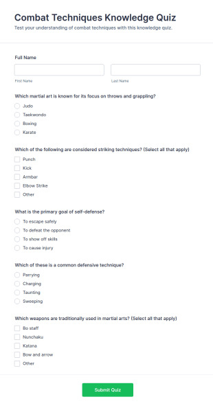 Combat Techniques Knowledge Quiz Form Template