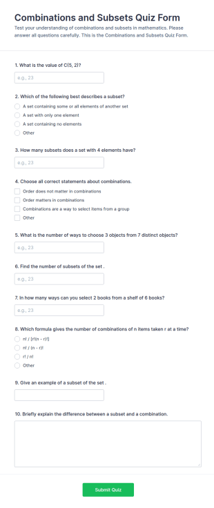 Combinations And Subsets Quiz Form Template