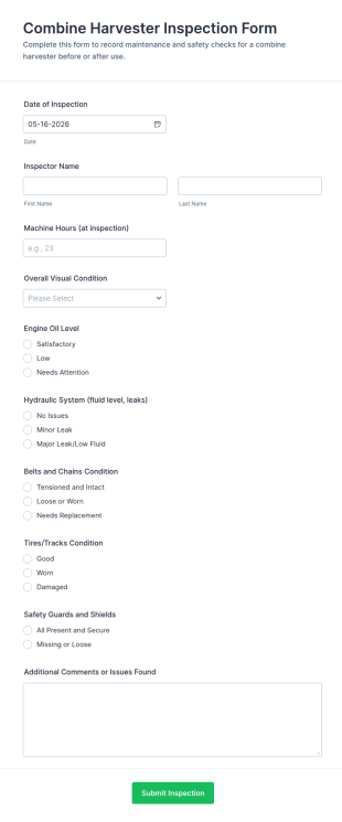 Combine Harvester Inspection Form Template