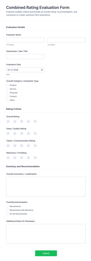 Combined Rating Evaluation Form Template