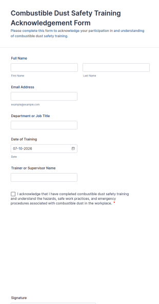 Combustible Dust Safety Training Acknowledgement Form Template