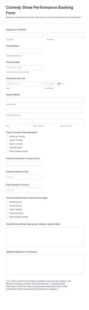 Comedy Show Performance Booking Form Template