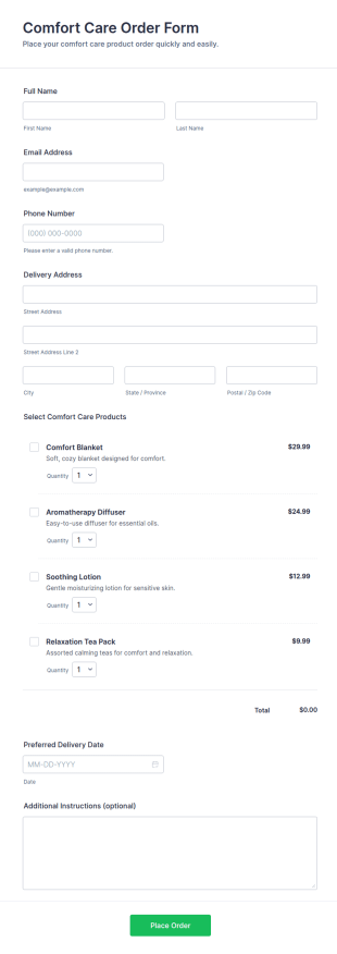 Comfort Care Order Form Template