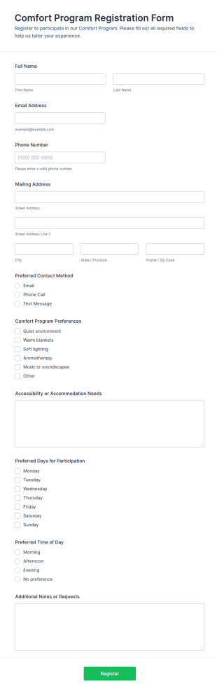 Comfort Program Registration Form Template
