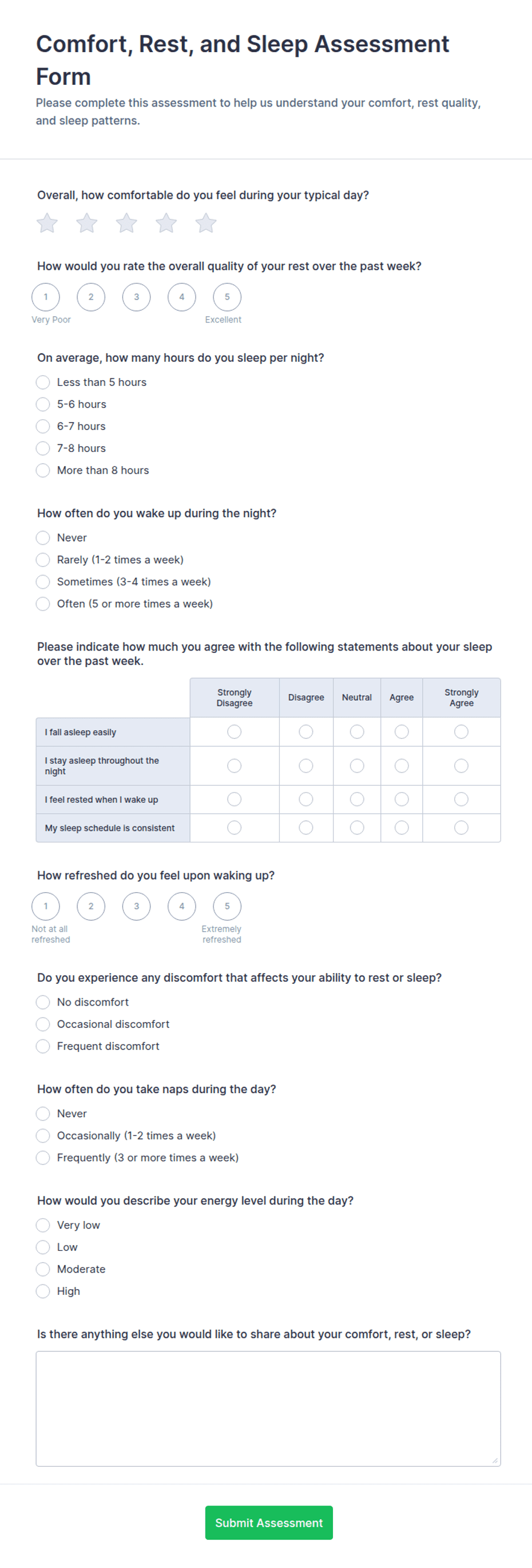 Comfort, Rest, and Sleep Assessment Form Template | Jotform