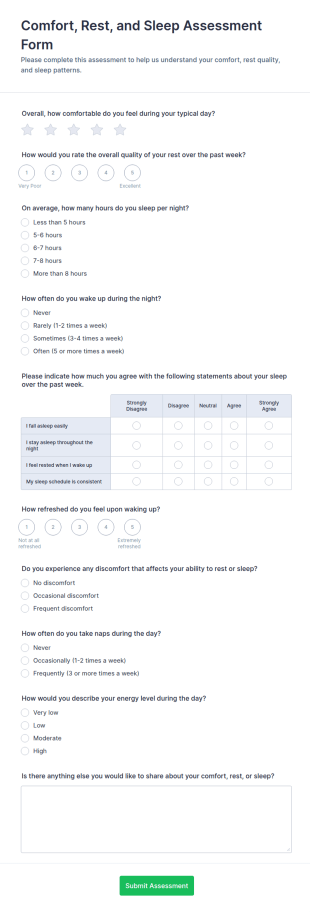 Comfort, Rest, And Sleep Assessment Form Template