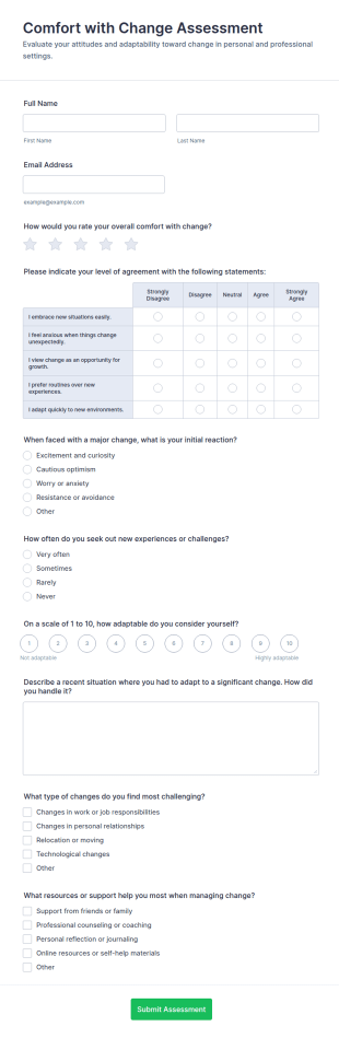 Comfort With Change Assessment Form Template