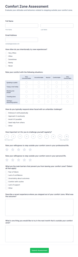 Comfort Zone Assessment Form Template