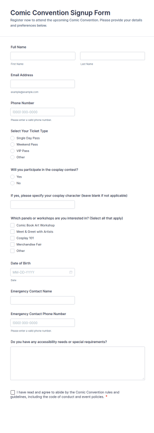 Comic Convention Signup Form Template