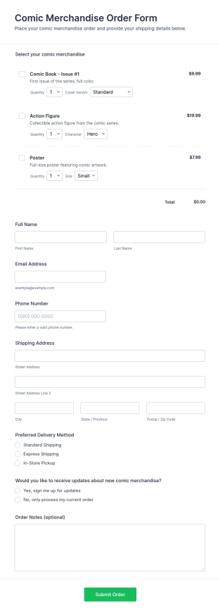 Comic Merchandise Order Form Template