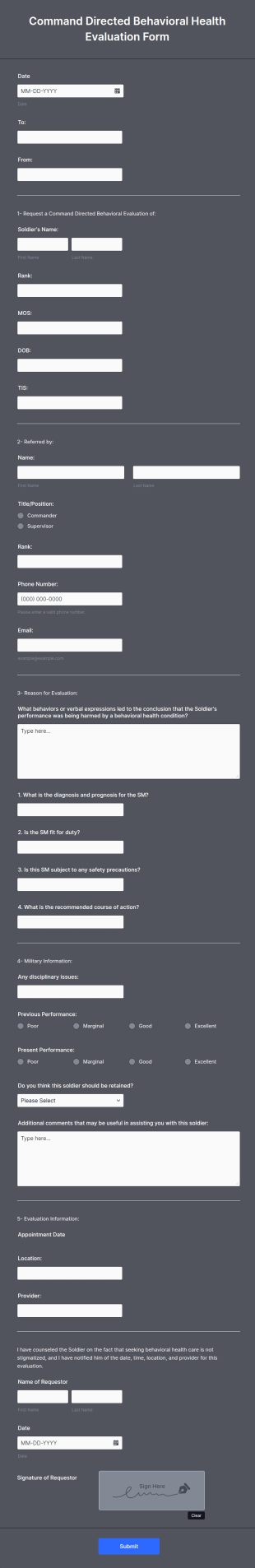 Command Directed Behavioral Health Evaluation Form Template