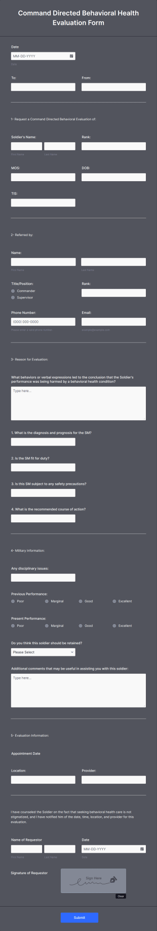 Command Directed Behavioral Health Evaluation Form Template