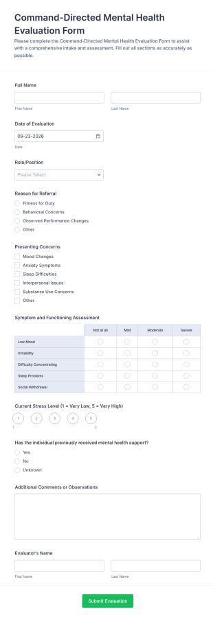 Command Directed Mental Health Evaluation Form Template