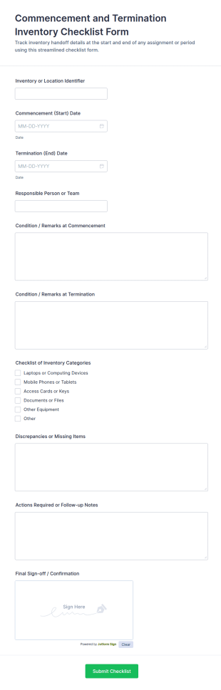 Commencement And Termination Inventory Checklist Form Template