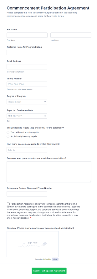 Commencement Participation Agreement Form Template