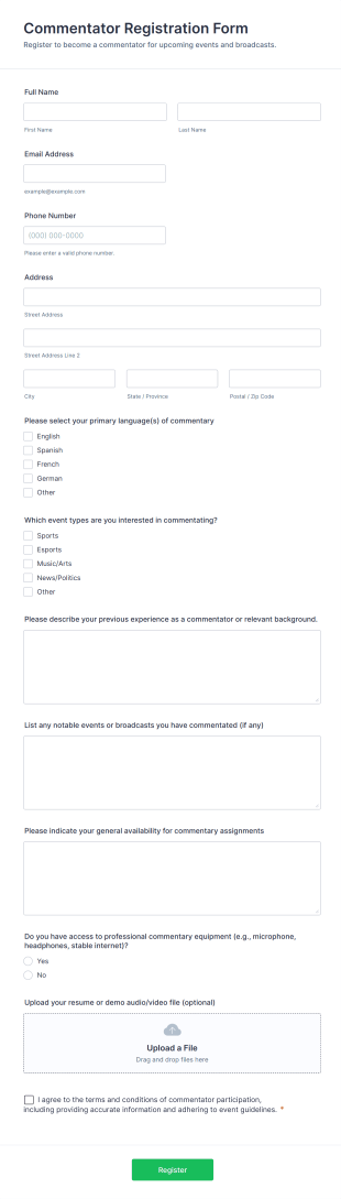 Commentator Registration Form Template