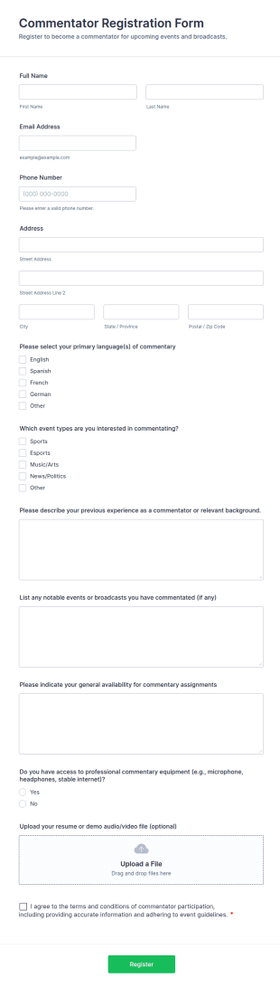 Commentator Registration Form Template
