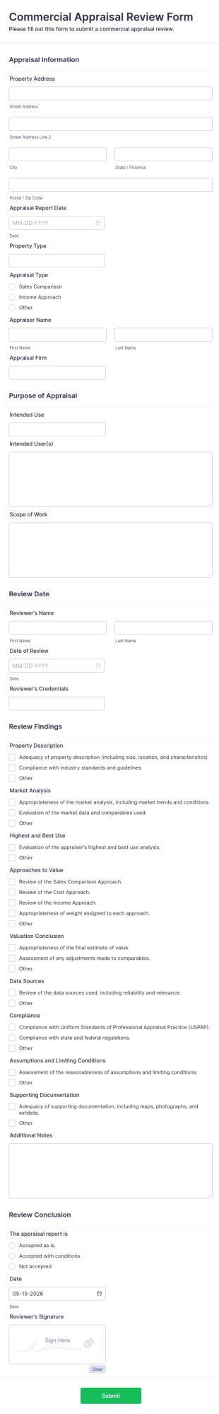 Commercial Appraisal Review Form Template