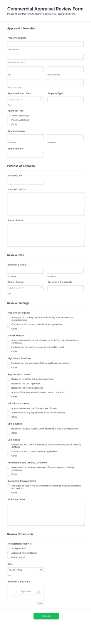 Commercial Appraisal Review Form Template
