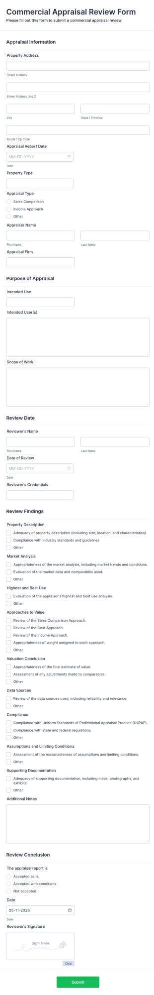 Commercial Appraisal Review Form Template