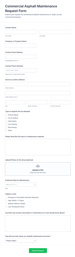 Commercial Asphalt Maintenance Request Form Template