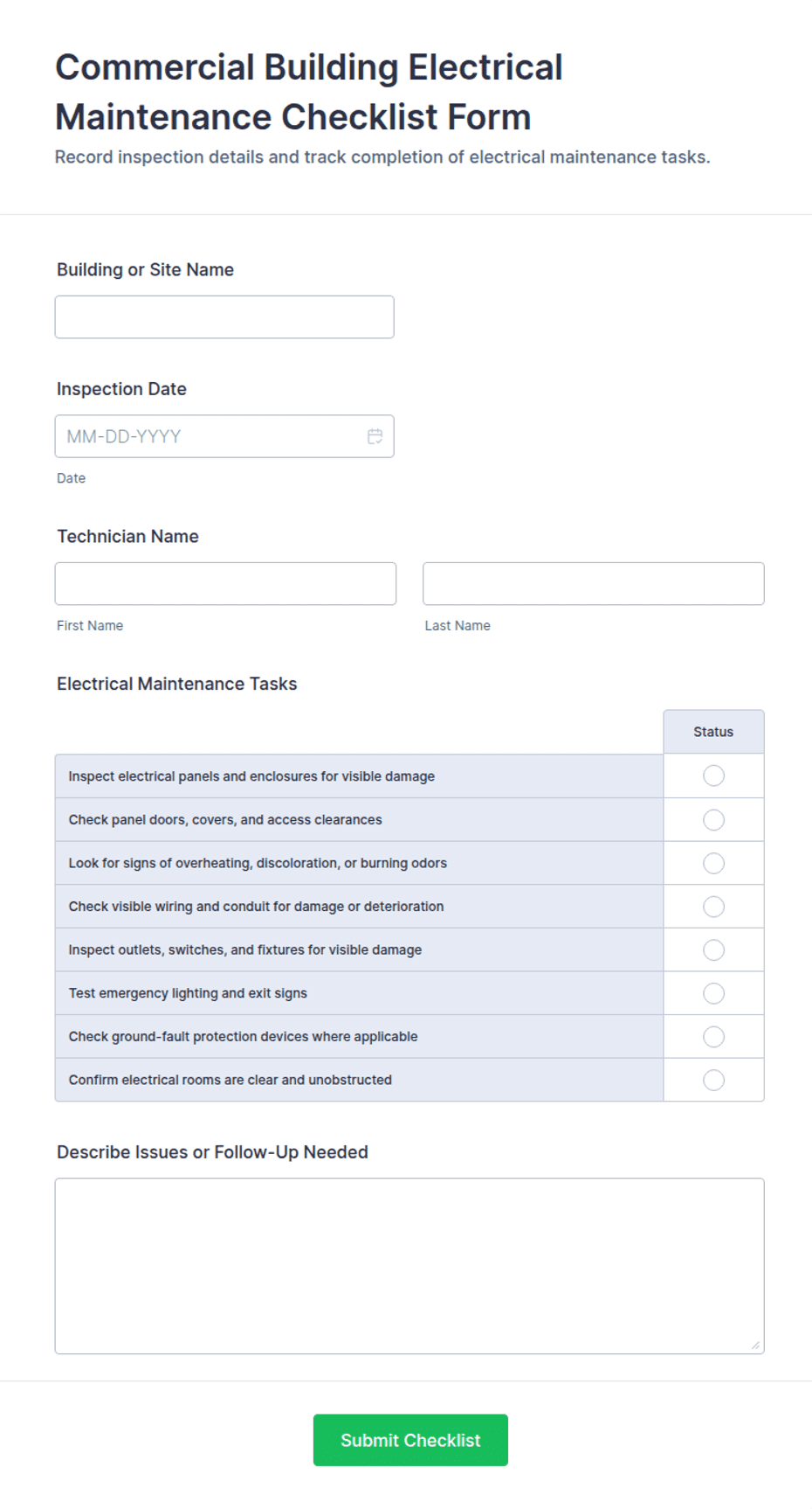 Commercial Building Electrical Maintenance Checklist Form Template ...