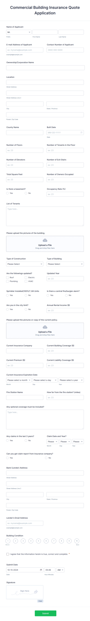Commercial Building Insurance Application Form Template