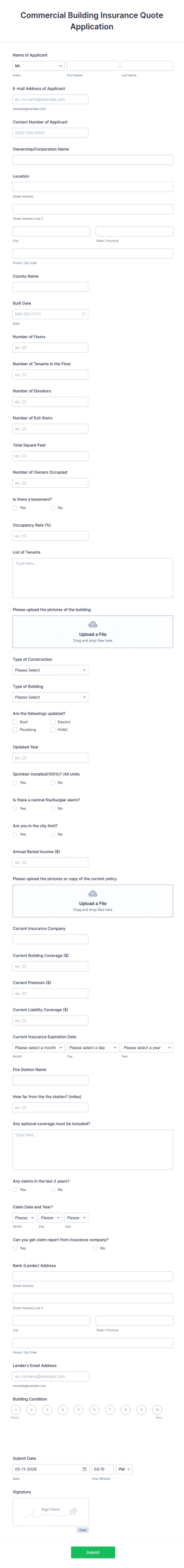 Commercial Building Insurance Application Form Template