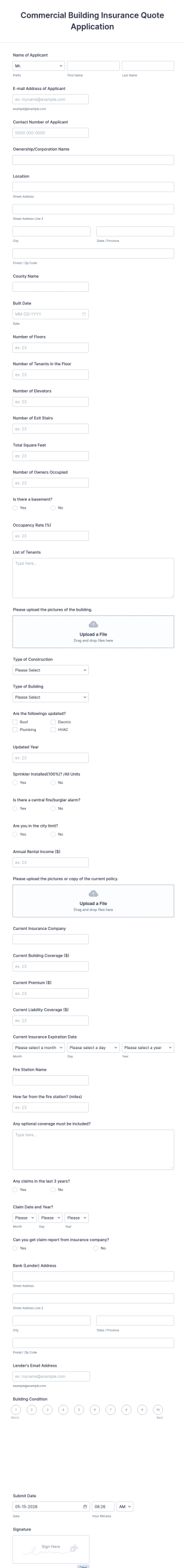 Commercial Building Insurance Application Form Template