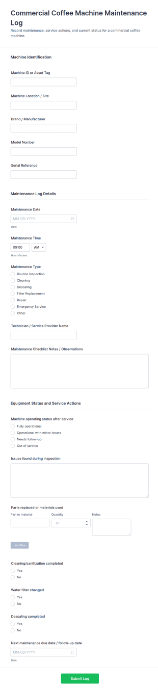 Commercial Coffee Machine Maintenance Log Form Template