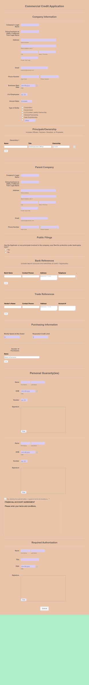 Commercial Credit Application Form Template