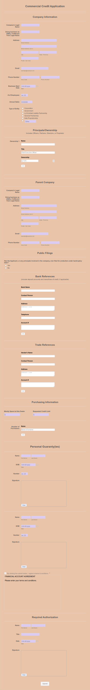 Commercial Credit Application Form Template