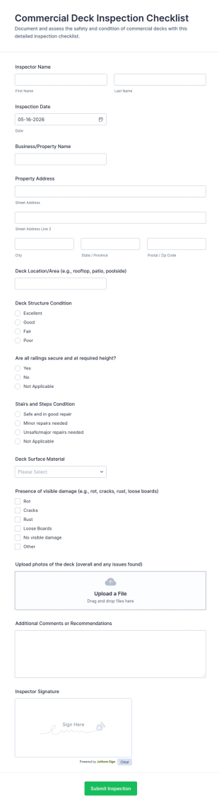 Commercial Deck Inspection Checklist Form Template