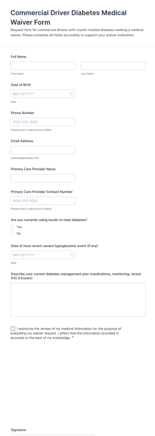Commercial Driver Diabetes (Insulin) Medical Waiver Form Template