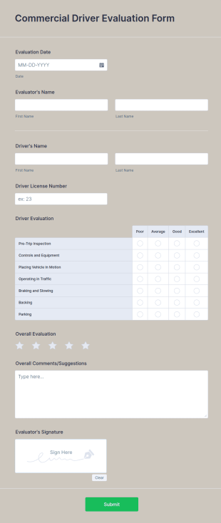 Commercial Driver Evaluation Form Template