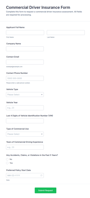 Commercial Driver Insurance Form Template
