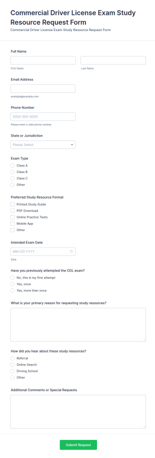 Commercial Driver License Exam Study Resource Request Form Template