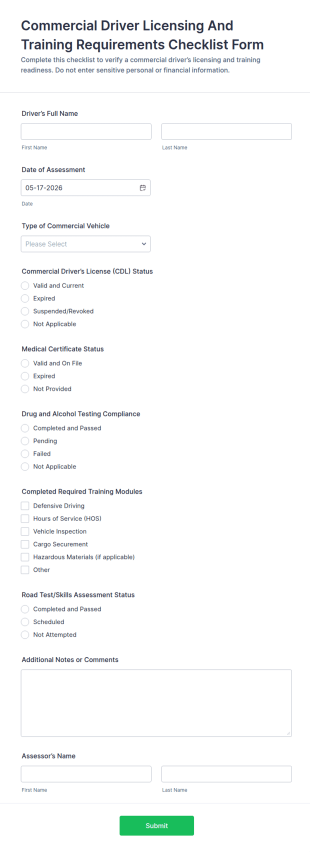 Commercial Driver Licensing And Training Requirements Checklist Form Template