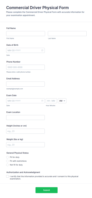 Commercial Driver Physical Form Template