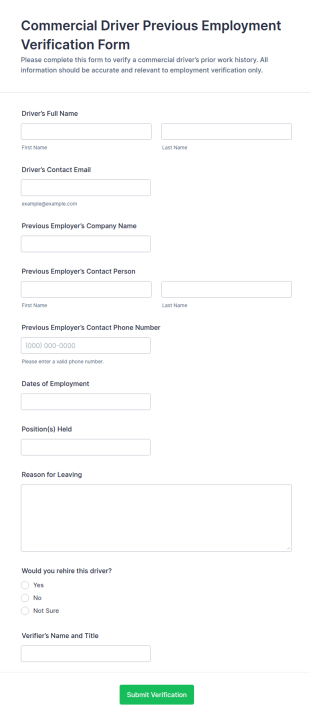 Commercial Driver Previous Employment Verification Form Template