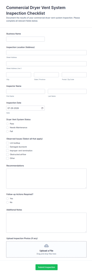 Commercial Dryer Vent System Inspection Form Template