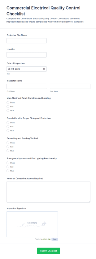 Commercial Electrical Quality Control Checklist Form Template
