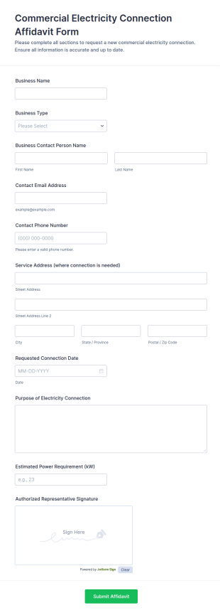 Commercial Electricity Connection Affidavit Form Template