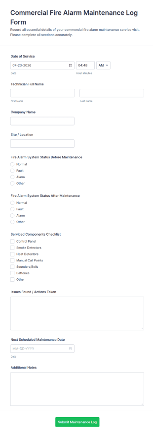 Commercial Fire Alarm Maintenance Log Form Template