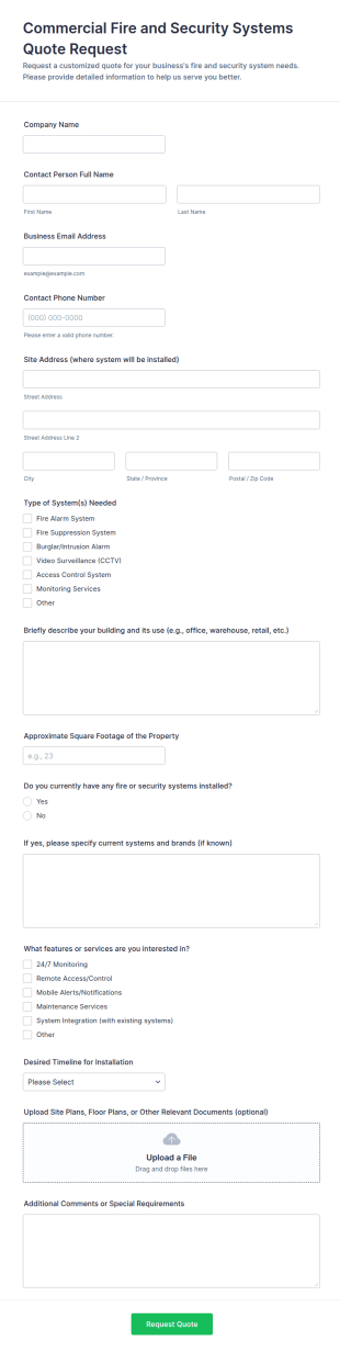 Commercial Fire And Security Systems Quote Request Form Template